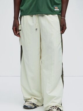 Men's Wide-Leg Drawstring Pants in Cream with Olive Side Panels